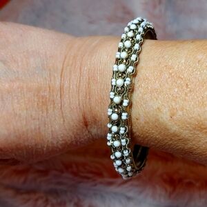 Vintage Gold Tone Bangle with White & Gold Beads